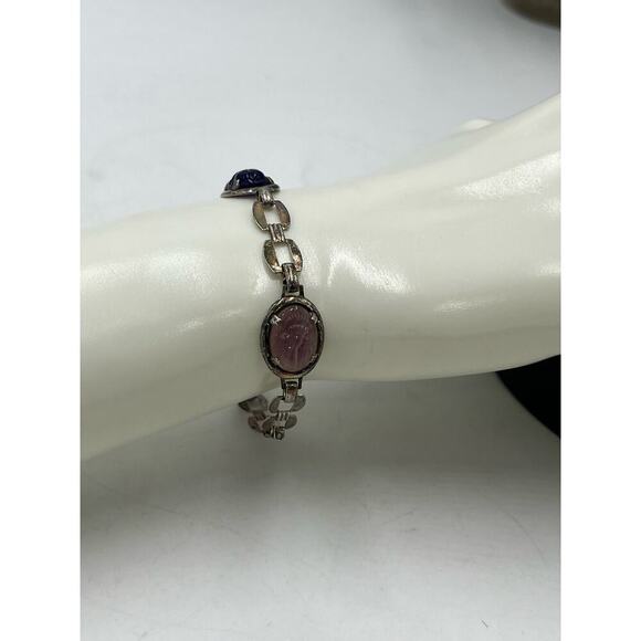 Scarab Multicolor Sterling Silver Bracelet Pinks Purples Fold Over Clasp - Picture 1 of 10